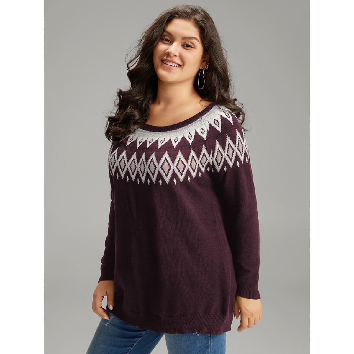 Plus Size Supersoft Essentials Geo Contrast Raglan Sleeve Pullover Eggplant Women Casual Loose Long Sleeve Round Neck Dailywear Pullovers BloomChic 14-16/1X Product Image