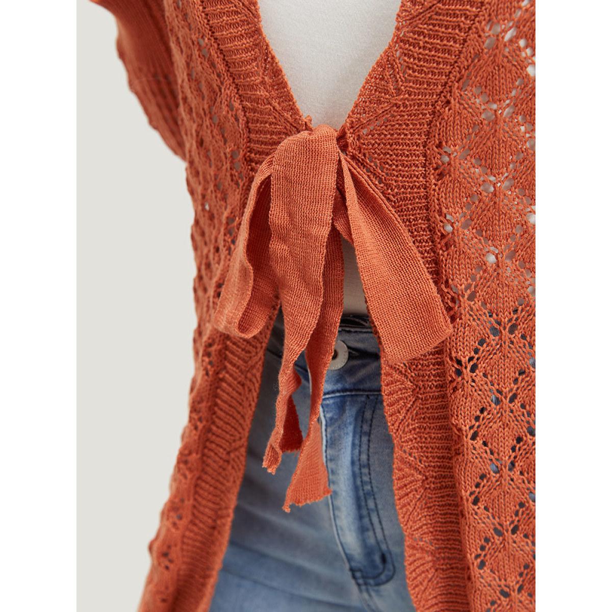 Plus Size Solid Hollow Out Ties Front Elastic Cuffs Cardigan Chocolate Women Casual Loose Elbow-length sleeve Dailywear Cardigans BloomChic 12/L Product Image