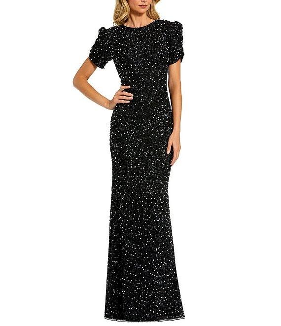 Mac Duggal Beaded Crew Neck Ruched Short Sleeve Gown Product Image
