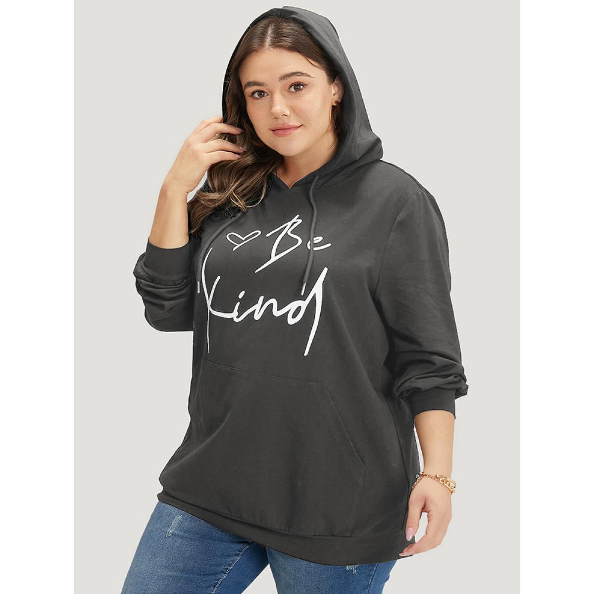 Plus Size Letter Print Pocket Drawstring Hooded Sweatshirt Women Gray Casual Elastic cuffs Dailywear Sweatshirts BloomChic 22-24/3X Product Image