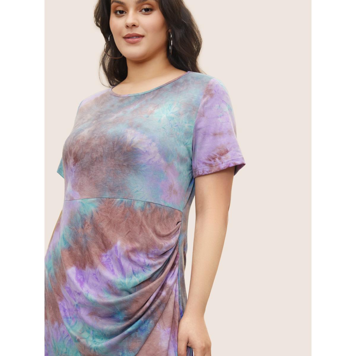 Plus Size Tie Dye Ruched Round Neck Dress Multicolor Women Casual Gathered Round Neck Short sleeve Curvy Knee Dress BloomChic 14-16/1X Product Image