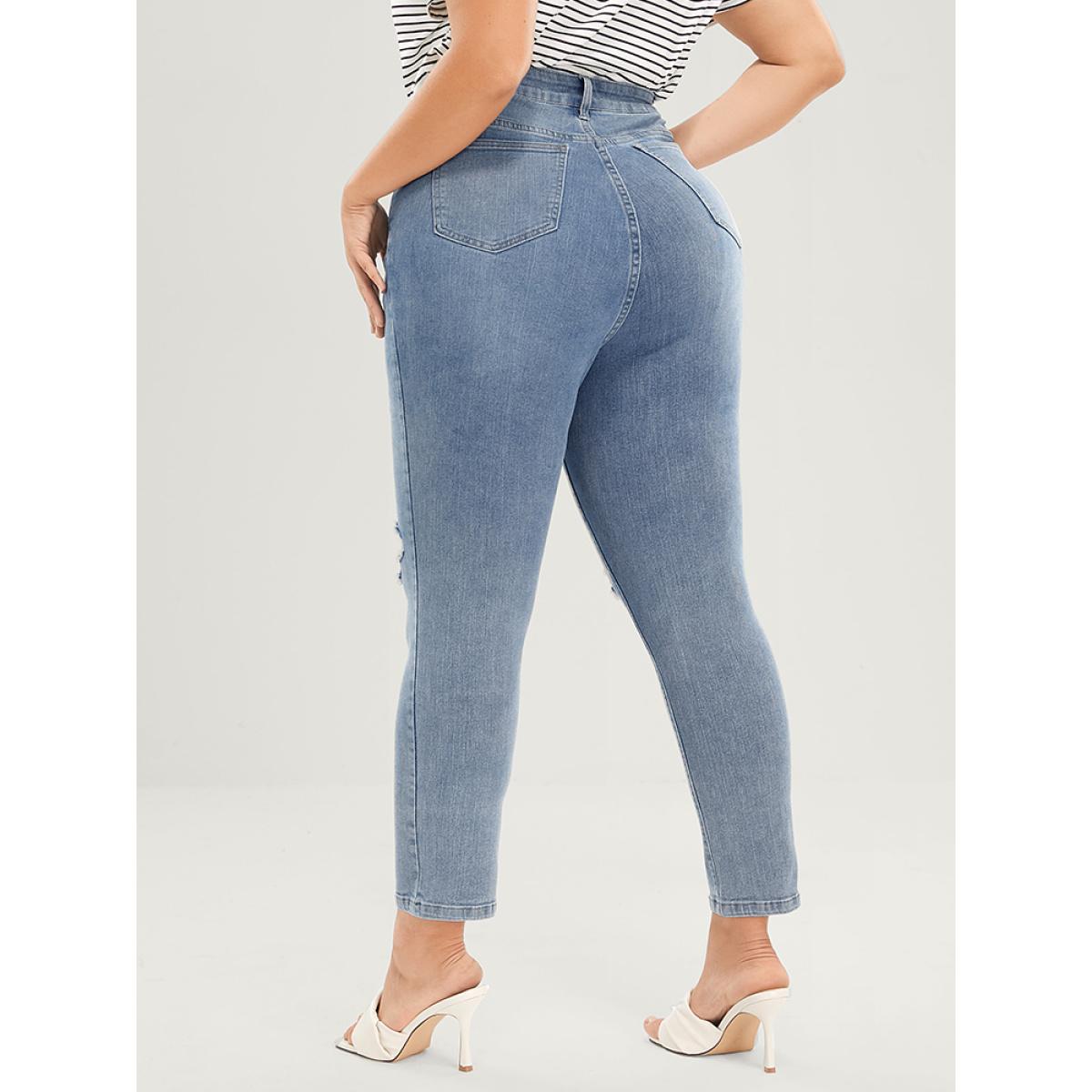 Plus Size Skinny Very Stretchy Mid Rise Light Wash Distressed Jeans Women Blue Casual Plain Distressed High stretch Pocket Jeans BloomChic 22/3X Product Image