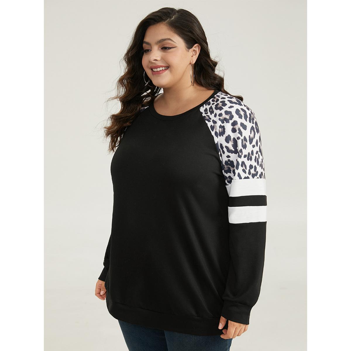 Plus Size Leopard Striped Patchwork Raglan Sleeve Sweatshirt Women Black Casual Contrast Round Neck Dailywear Sweatshirts BloomChic 26/4X Product Image