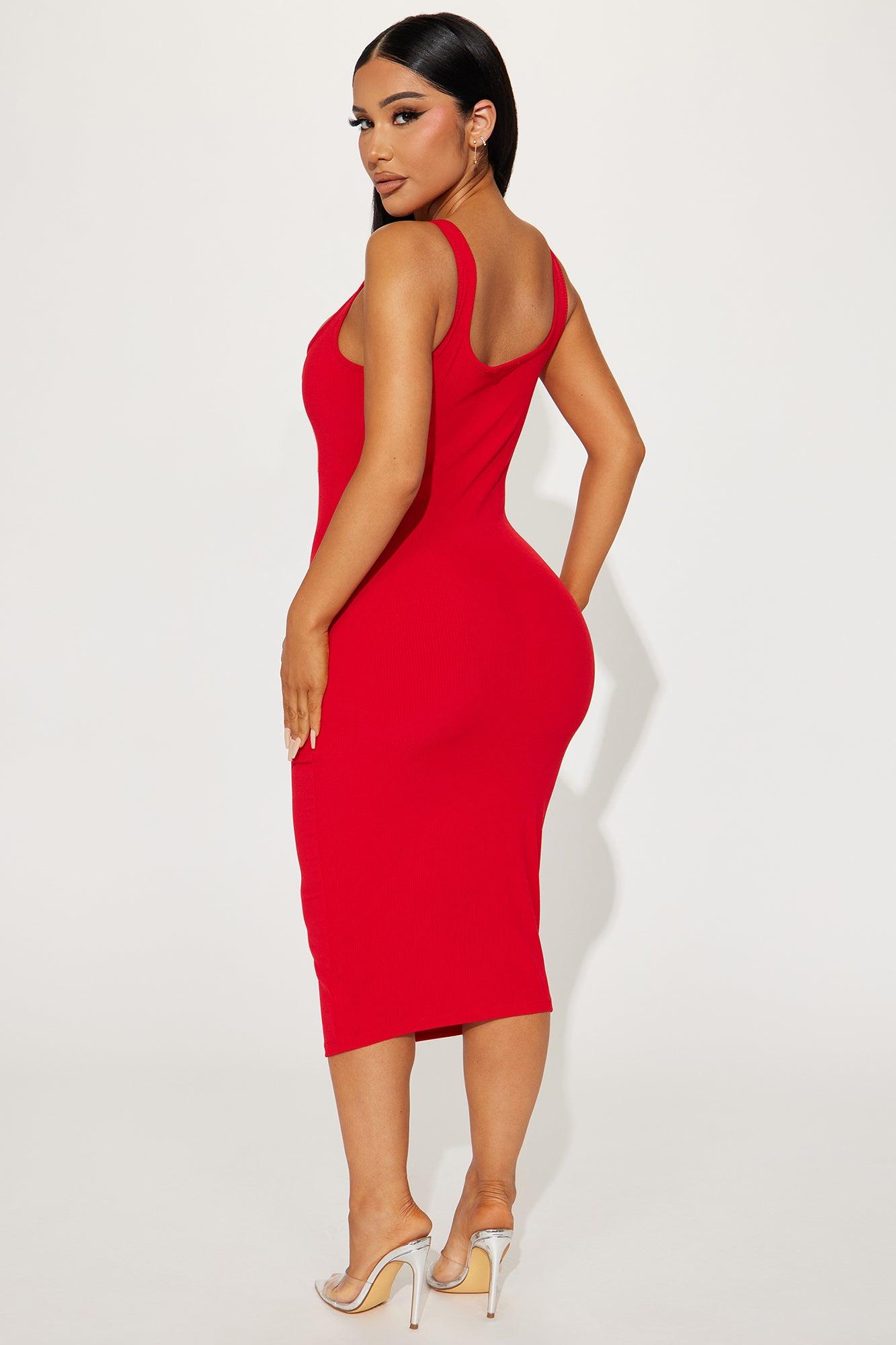 Gina Ribbed Midi Dress - Red Product Image