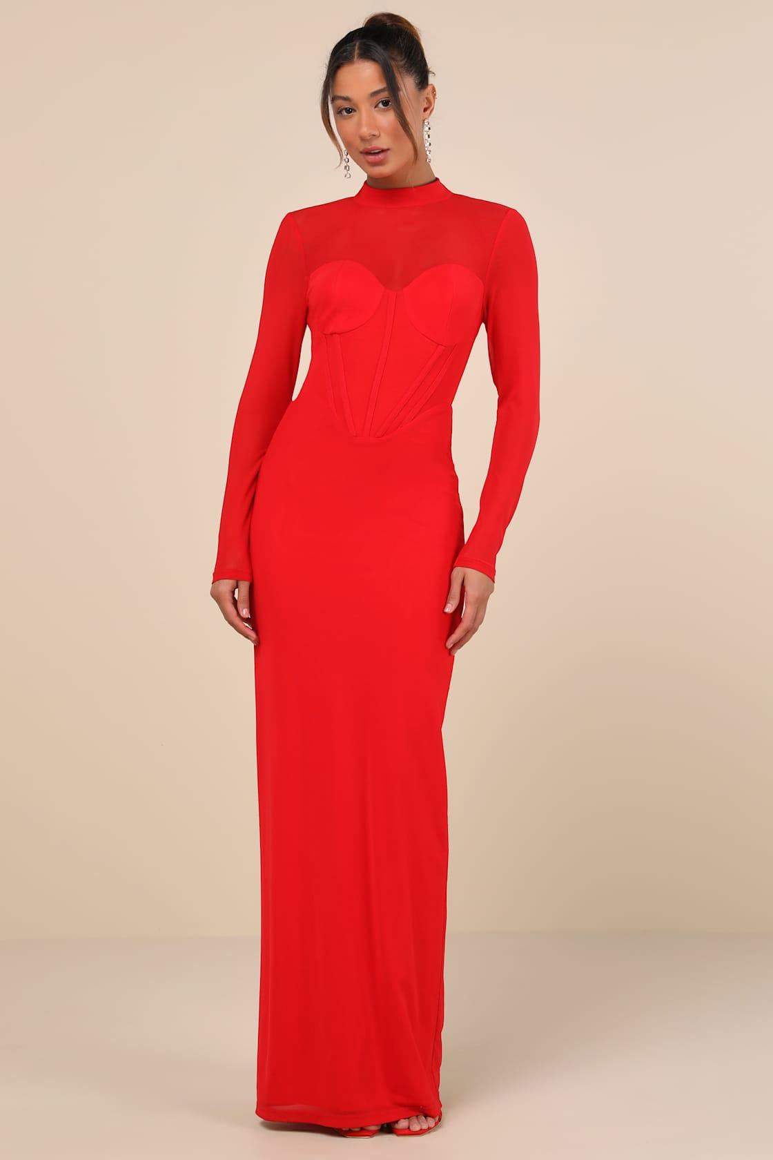 Sensational Appeal Red Mesh Cutout Long Sleeve Maxi Dress Product Image
