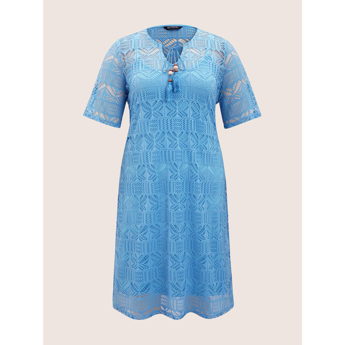 Plus Size Cut Out Tassel Trim Split Hem Midi Dress Skyblue Women Resort Flat collar with V-notch Half Sleeve Curvy BloomChic 22-24/3X Product Image