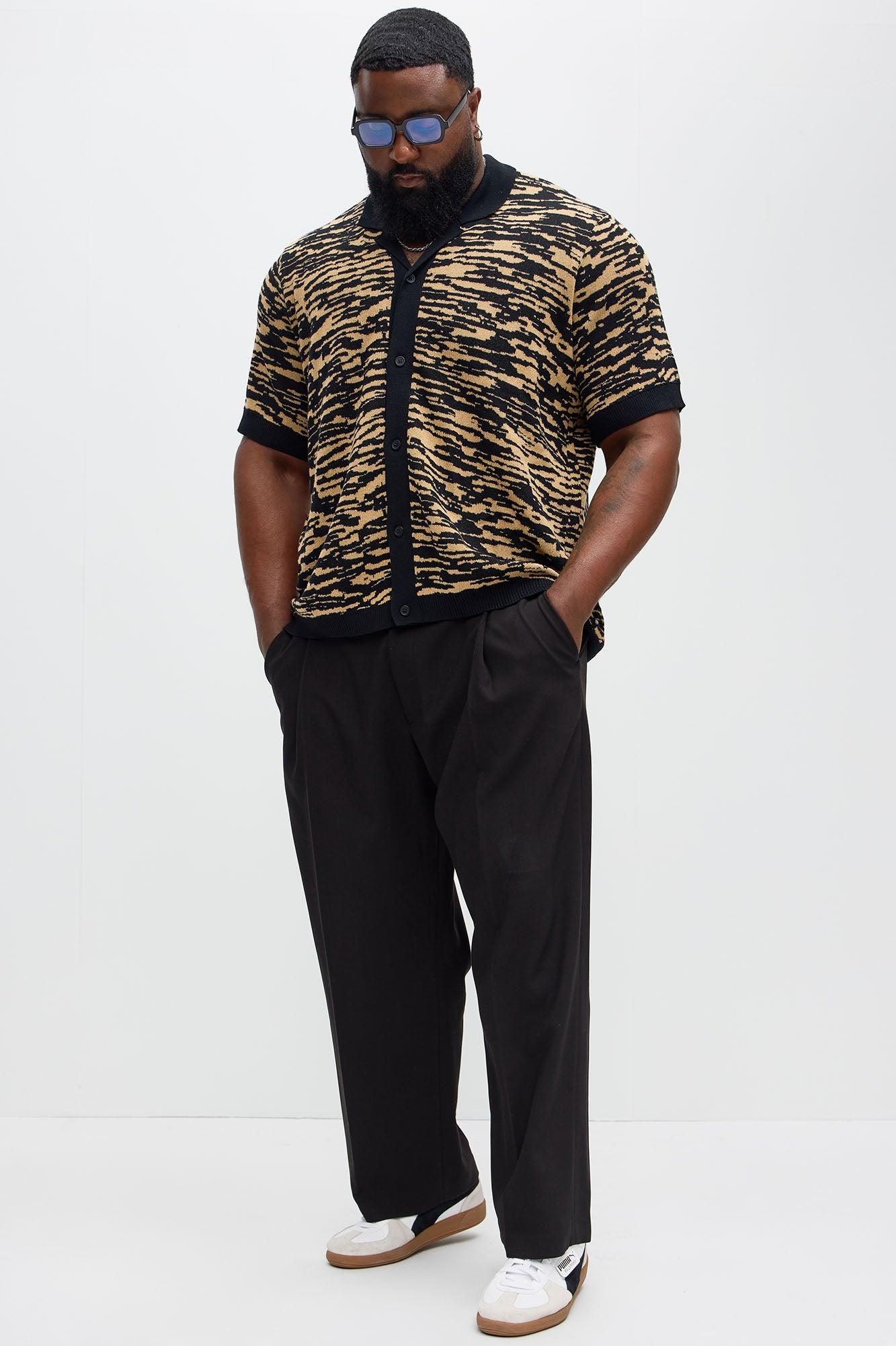 Zebra Pattern Knit Button Down Shirt - Black/combo Product Image
