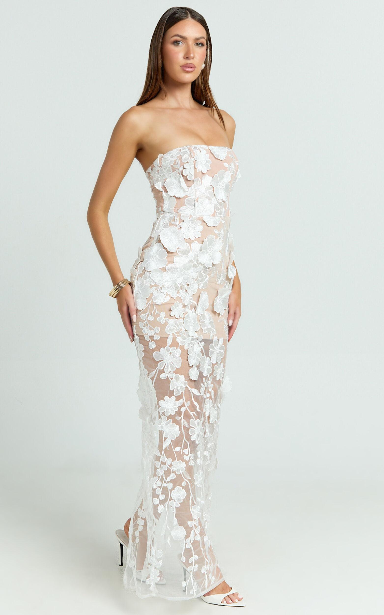 Sienna Maxi Dress - 3D Floral Strapless Column Dress in White Product Image