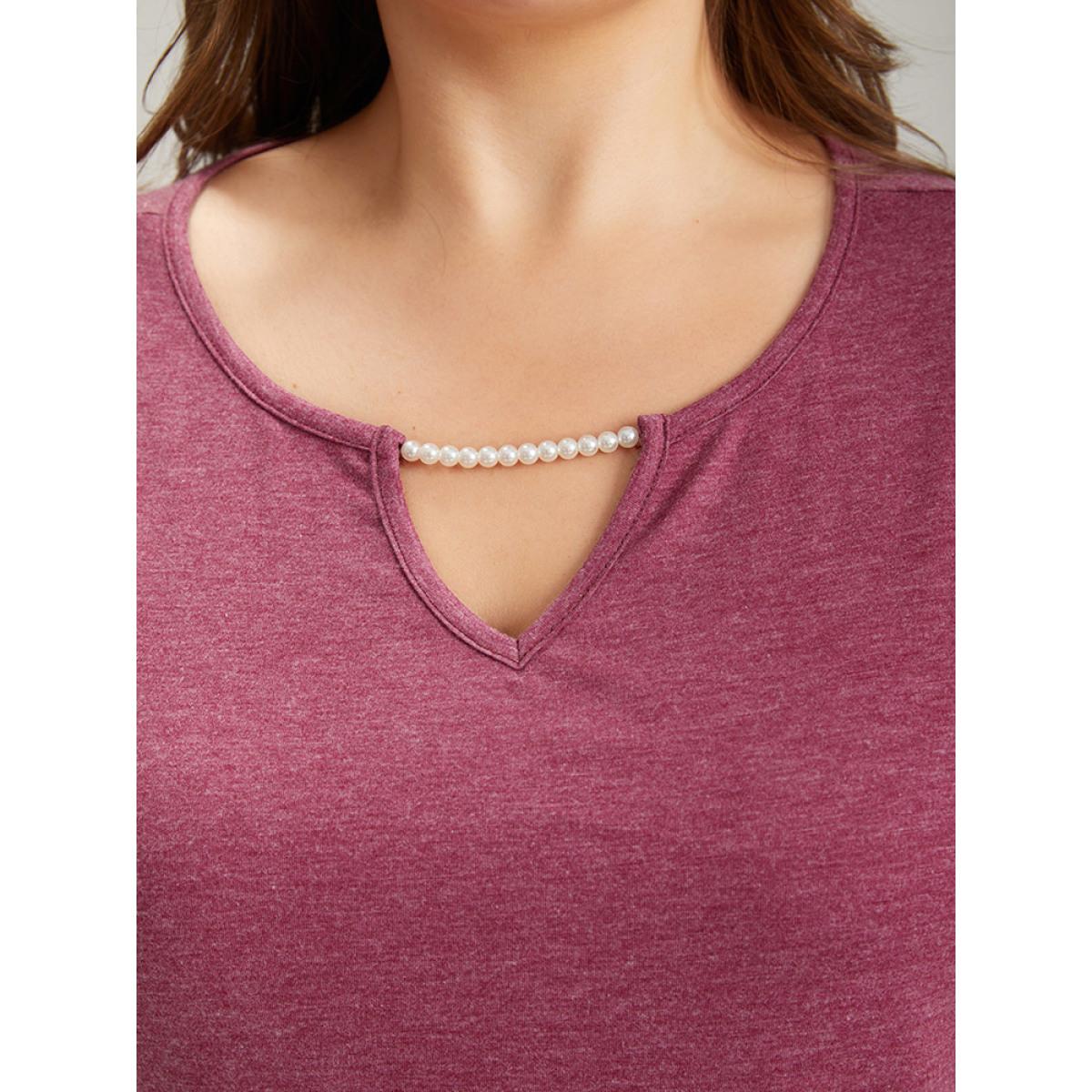 Plus Size Plain Keyhole Pearl Beaded Flutter Sleeve T-shirt RedViolet Women Elegant Cut-Out Plain Round Neck Dailywear T-shirts BloomChic 12/L Product Image