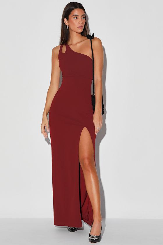 Simply Beautiful Burgundy One-Shoulder Cutout Maxi Dress Product Image