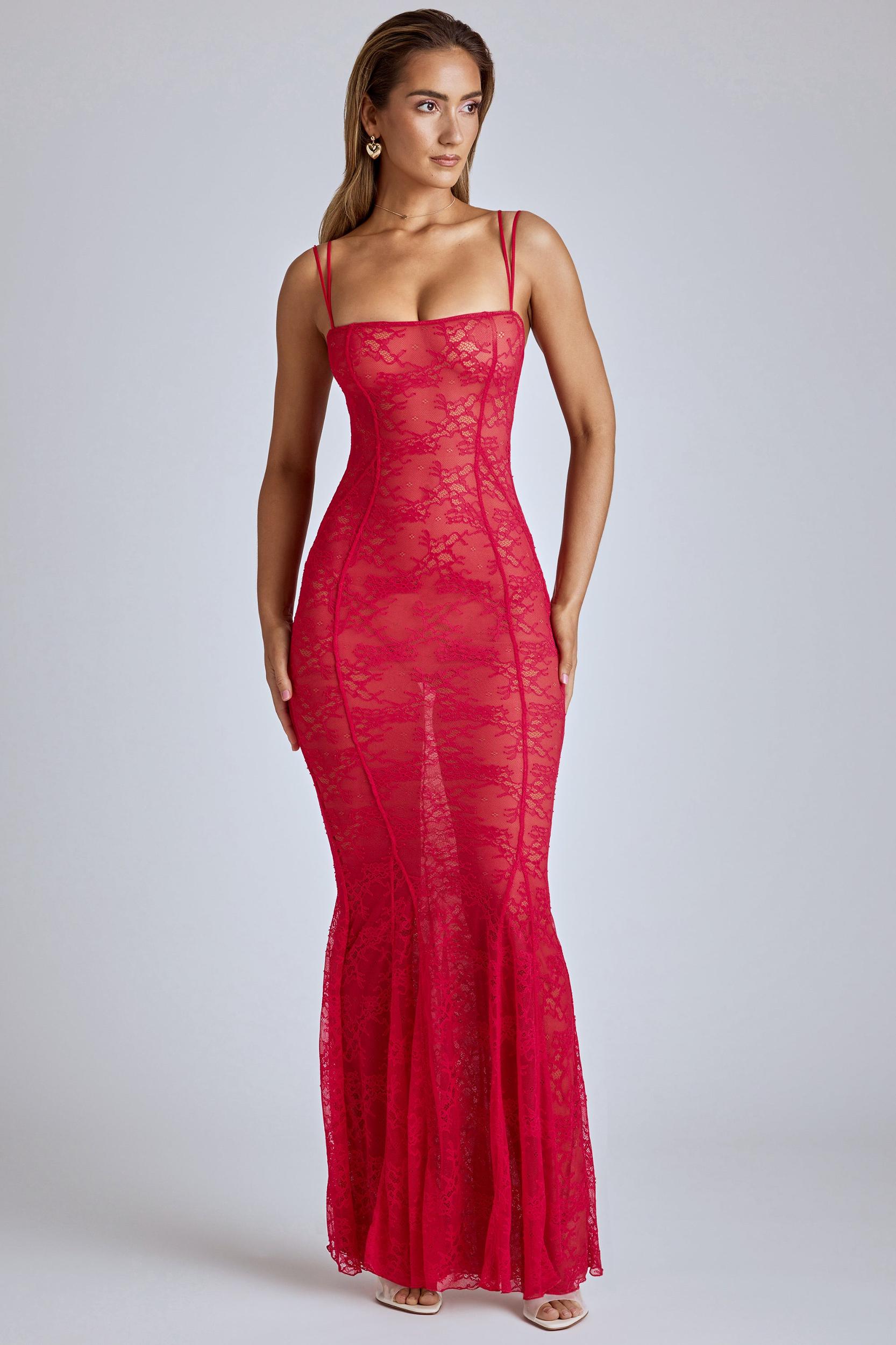 Sheer Lace Fishtail Gown in Cherry Red Product Image