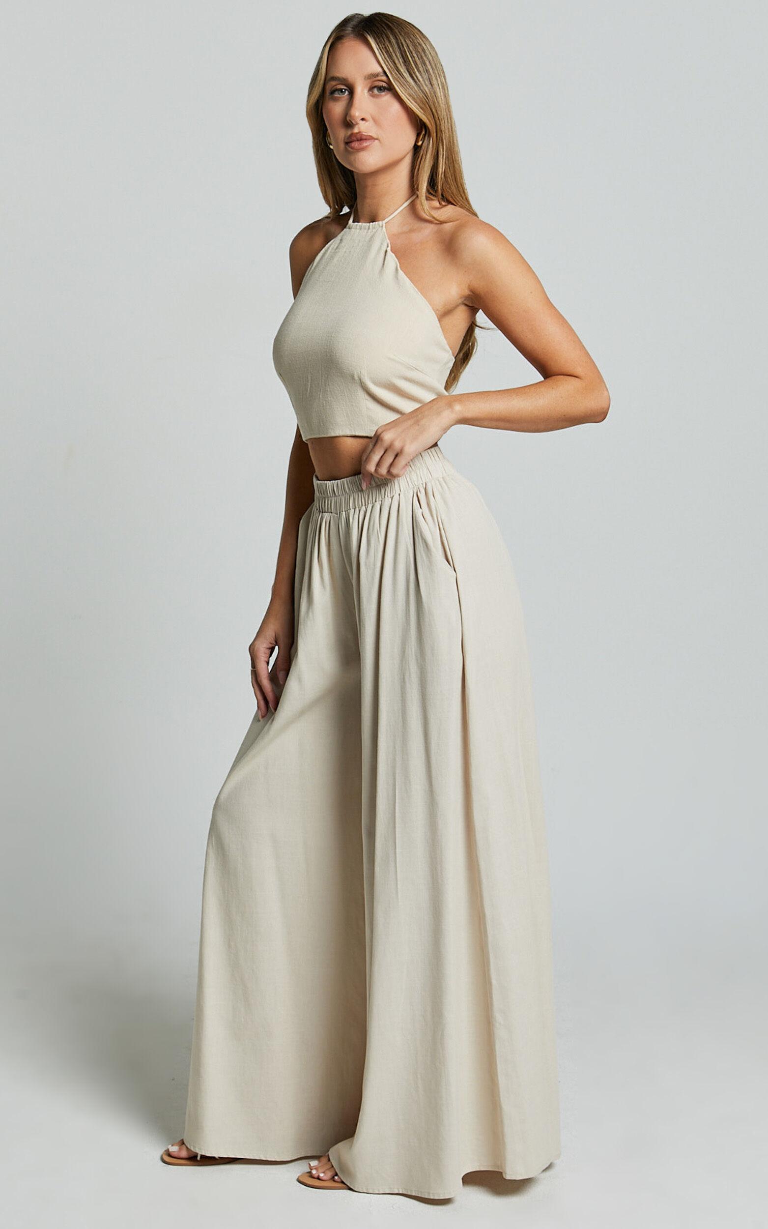 Tamara Pants - High Elasticated Waist Wide Leg Pants in Natural Product Image