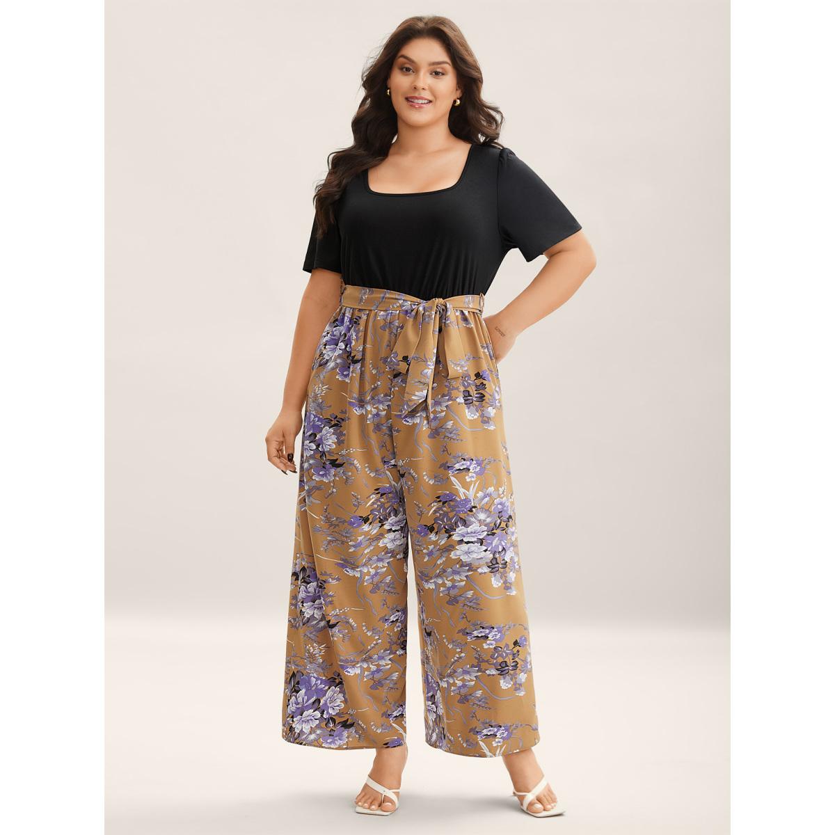 Plus Size Lightorange Color Contrast Belted Panel Pockets Jumpsuit Women Timeless Short sleeve Square Neck Elegant Loose Jumpsuits BloomChic 26/4X Product Image