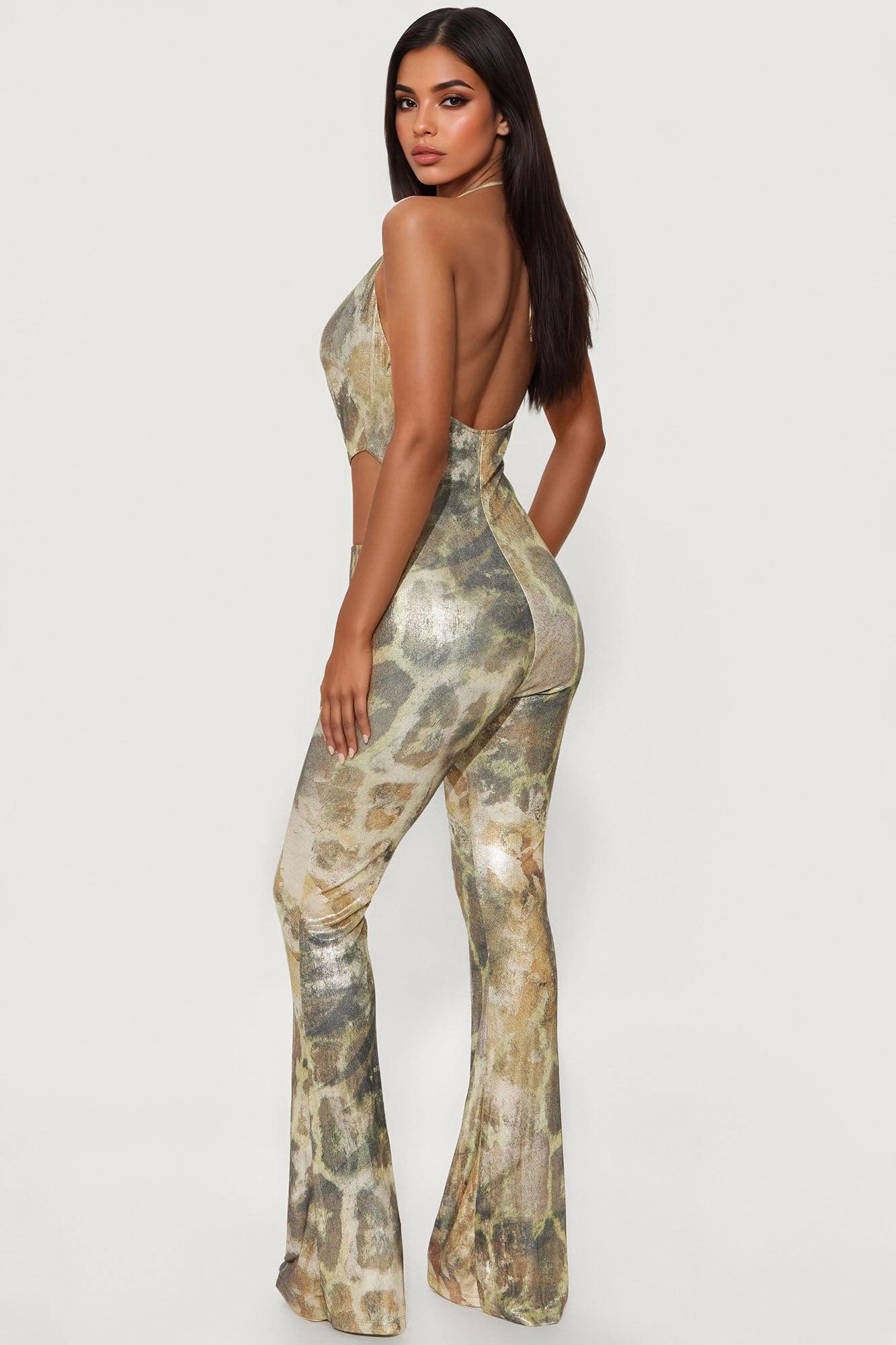 Allison Metallic Halter Jumpsuit - Olive/combo Female Product Image