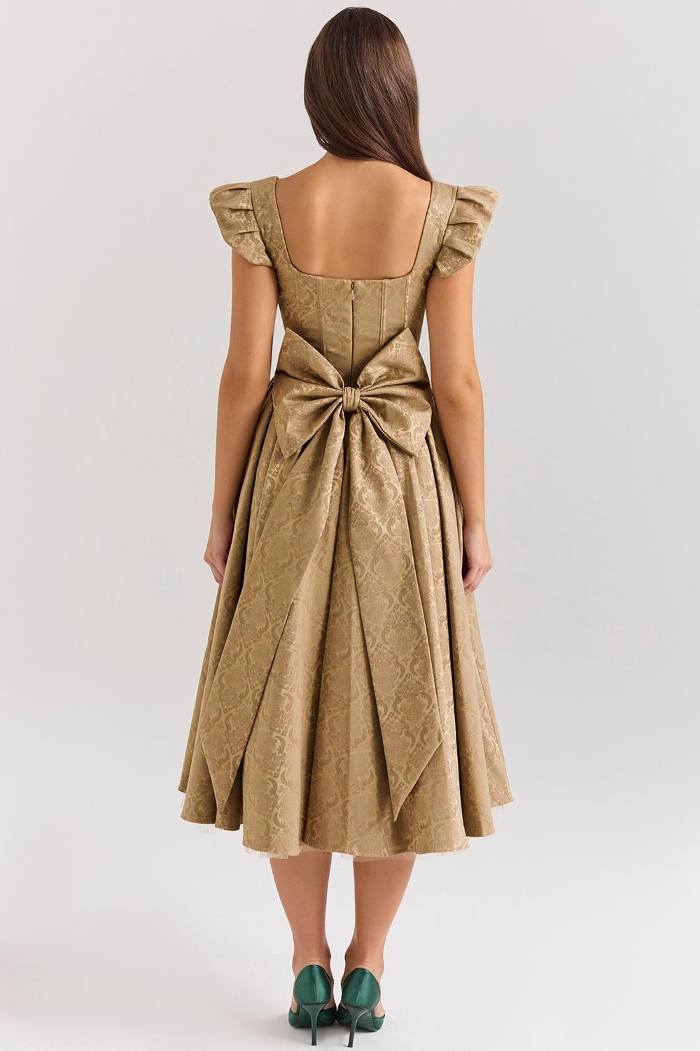 Alessandra  gold jacquard midi dress with detachable bow - sale Product Image