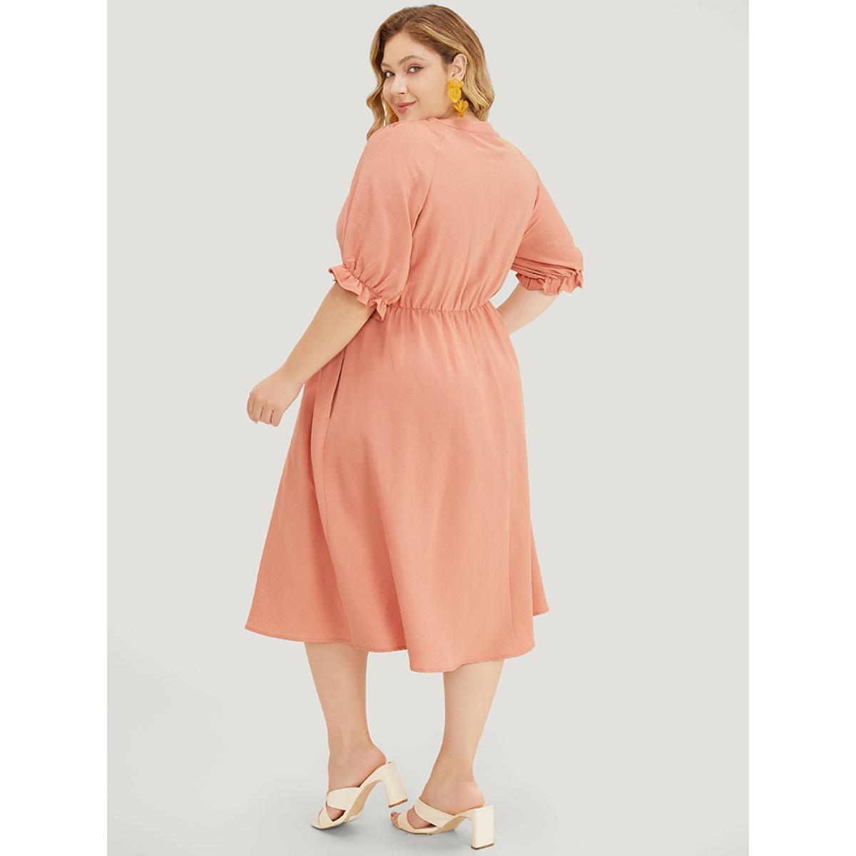 Plus Size Plain Ruffles Pocket Button Up Puff Sleeve Pleated Dress Salmon Women Office Pleated Round Neck Short sleeve Curvy Midi Dress BloomChic 14-16/1X Product Image
