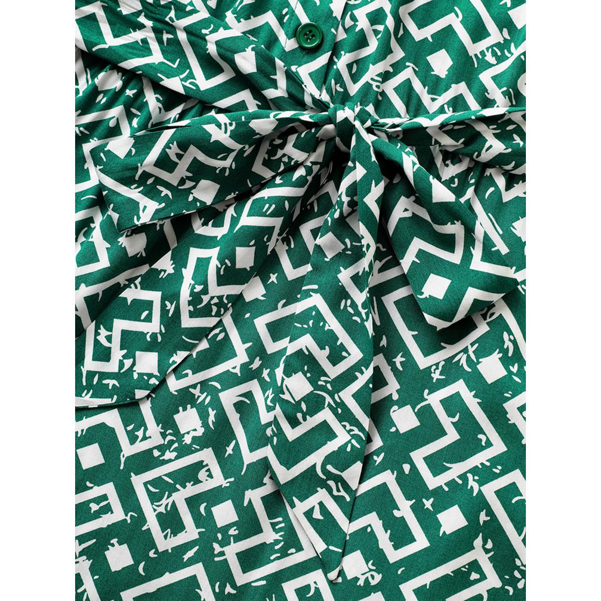 Plus Size Shirt Collar Geometric Button Up Belted Dress DarkGreen Women Work From Home Belted Shirt collar Cap Sleeve Curvy Midi Dress BloomChic 22-24/3X Product Image