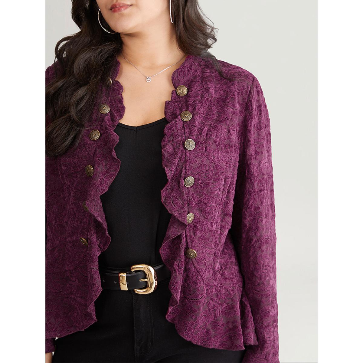 Plus Size Guipure Lace Ruffle Trim Buckle Detail Jacket Women Purple Plain Dailywear Jackets BloomChic 26/4X Product Image
