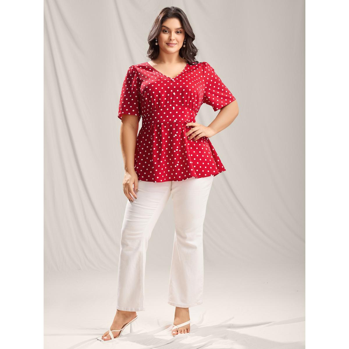Plus Size Brightred Polka Dots Shirred Waist Blouse Women Timeless Short sleeve V-neck Elegant Blouses BloomChic 22-24/3X Product Image