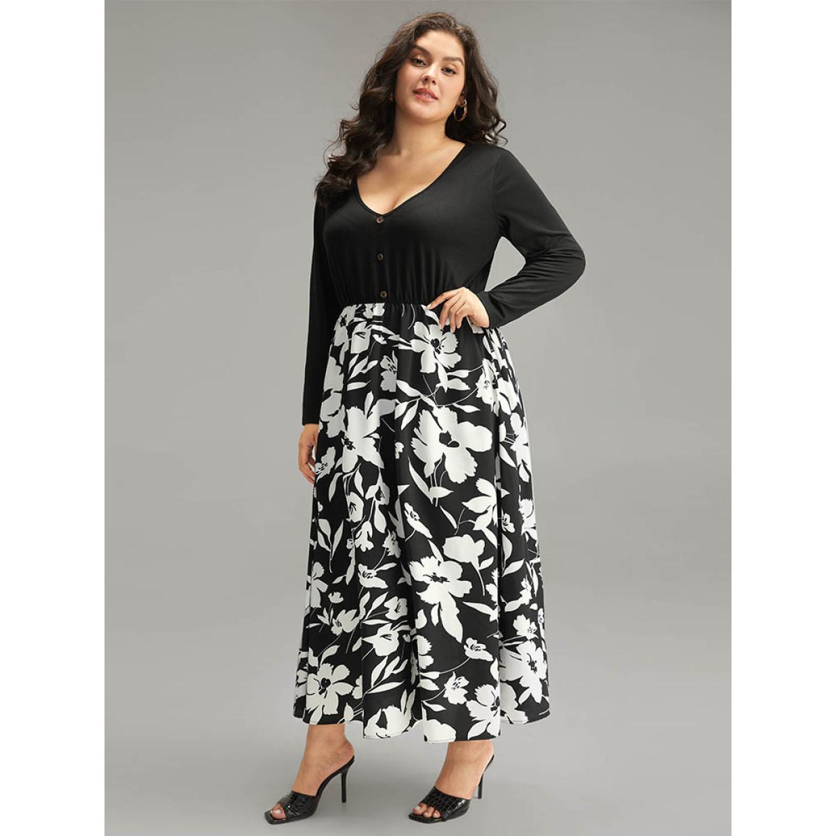 Plus Size Silhouette Floral Print Patchwork Button Detail Dress Black Women Elegant Printed V-neck Long Sleeve Curvy Midi Dress BloomChic 18-20/2X Product Image