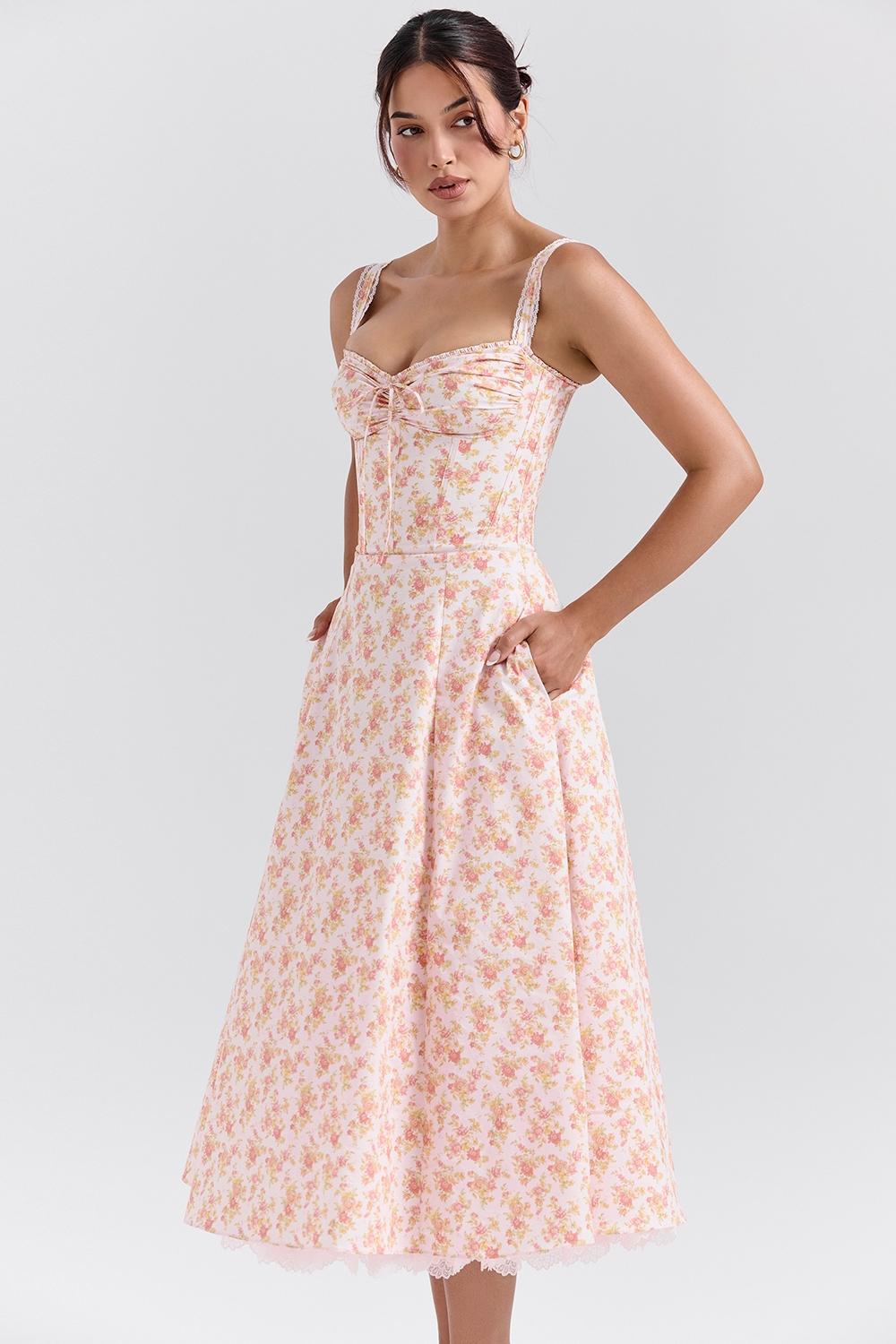 Rosalee  peach poppy print cotton bustier sundress Product Image