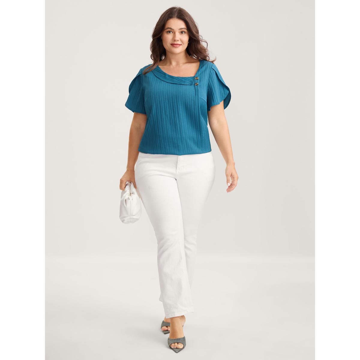 Plus Size Cerulean Textured Petal Sleeve Asymmetrical Neck Blouse Women Office Short sleeve Non Office Blouses BloomChic 30/6X Product Image