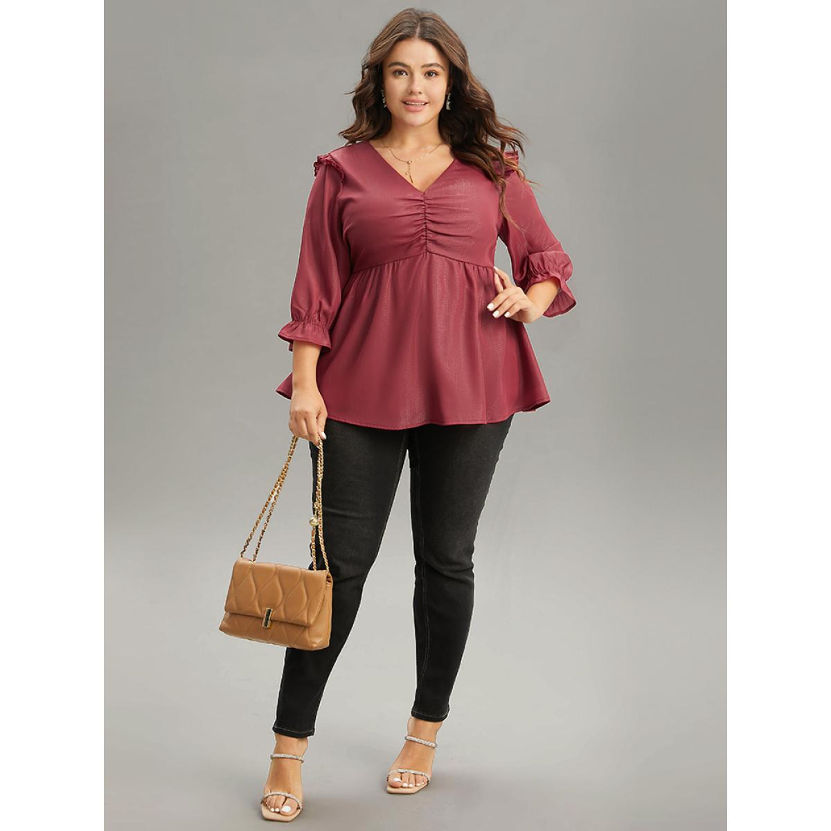 Plus Size Scarlet Solid Frill Trim Ruched Elastic Waist Blouse Women Glamour Elbow-length sleeve V-neck Festival-Christmas Blouses BloomChic 10/M Product Image
