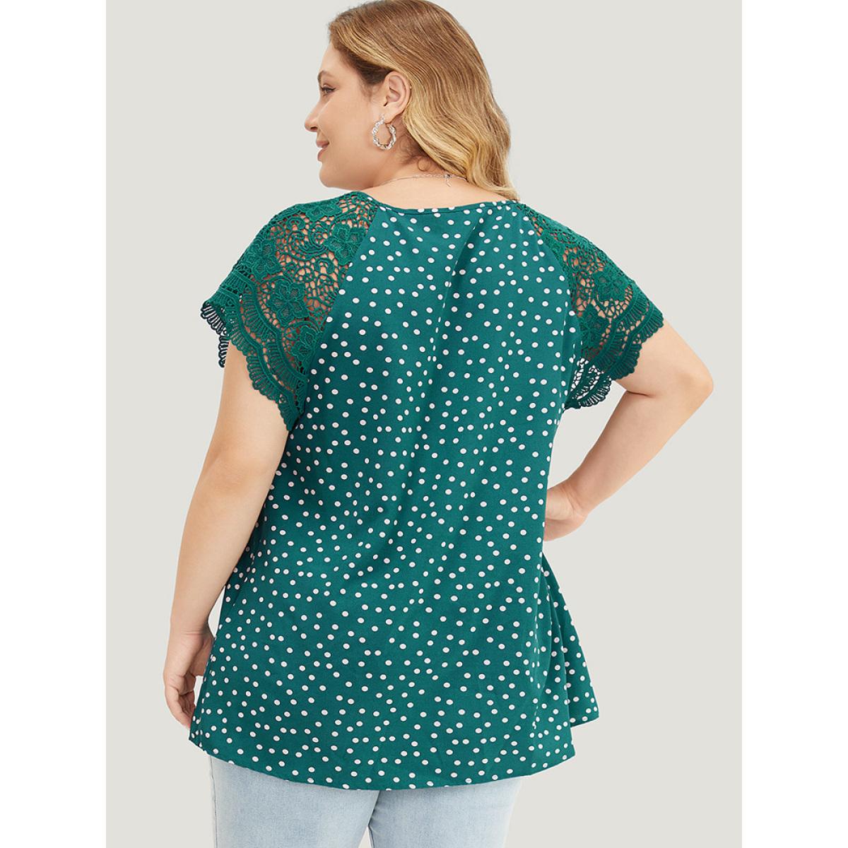 Plus Size Emerald Polka Dot Pleated Detail Lace Raglan Sleeve Blouse Women Elegant Short sleeve Round Neck Dailywear Blouses BloomChic 10/M Product Image