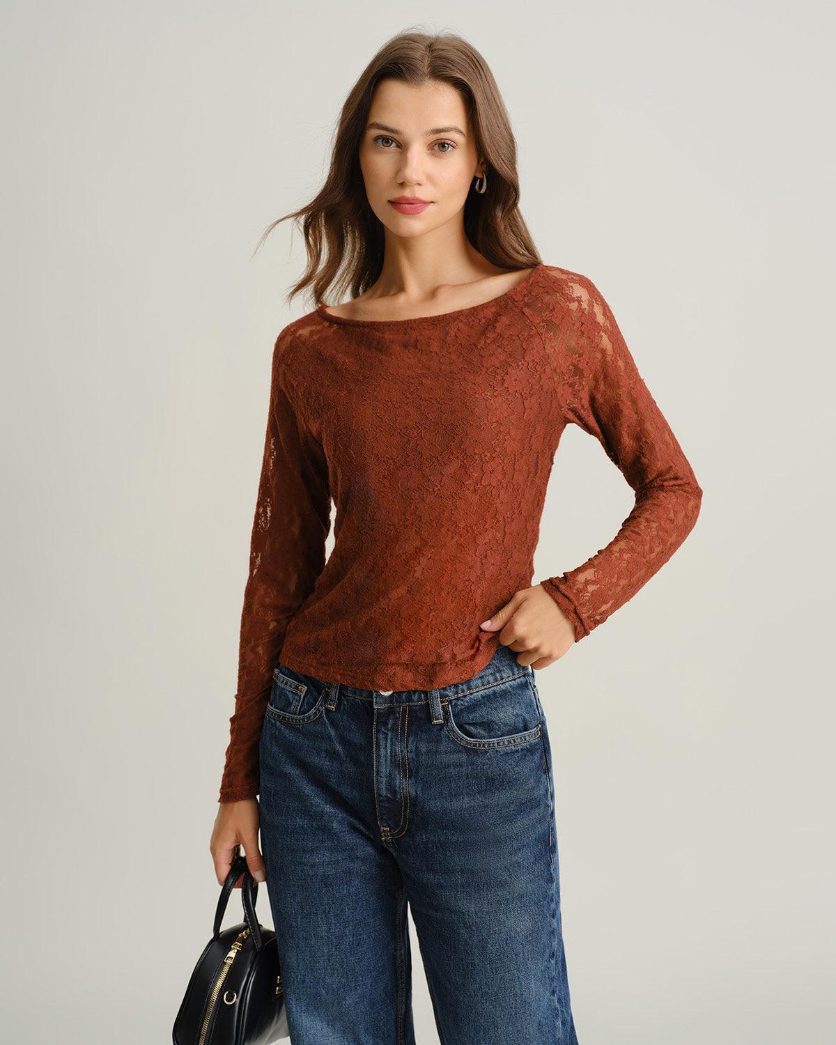 Brown Boat Neck Lace Slim Tee Product Image