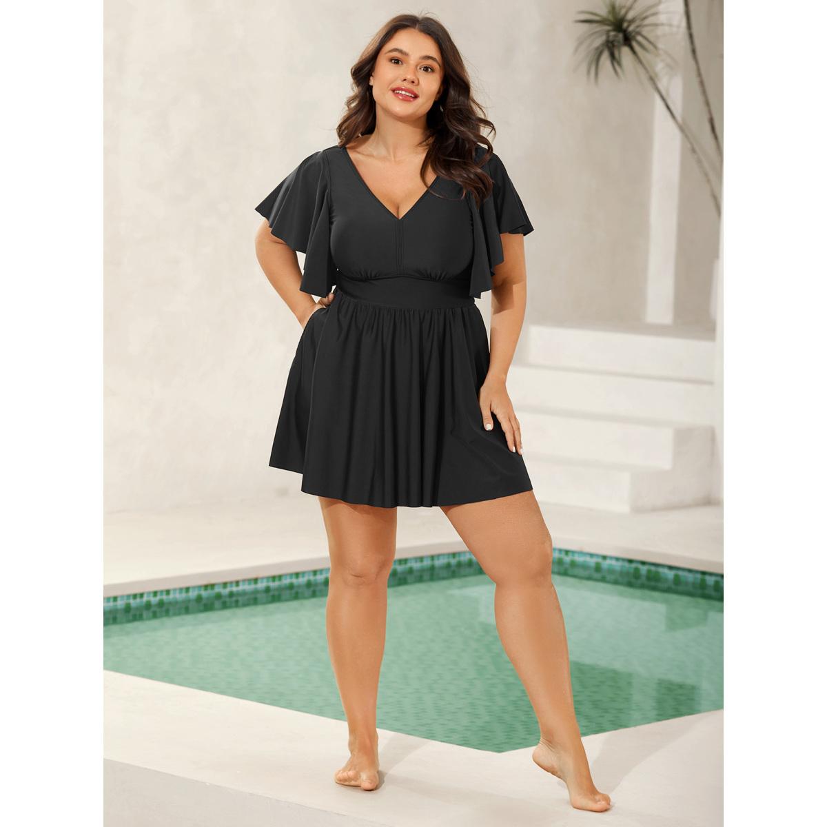 Plus Size Ruffled Sleeve Fit and Flare Swim Dress Women's Swimwear Black Resort Bodycon V-neck High stretch Curve Swim Dresses BloomChic 12/L Product Image