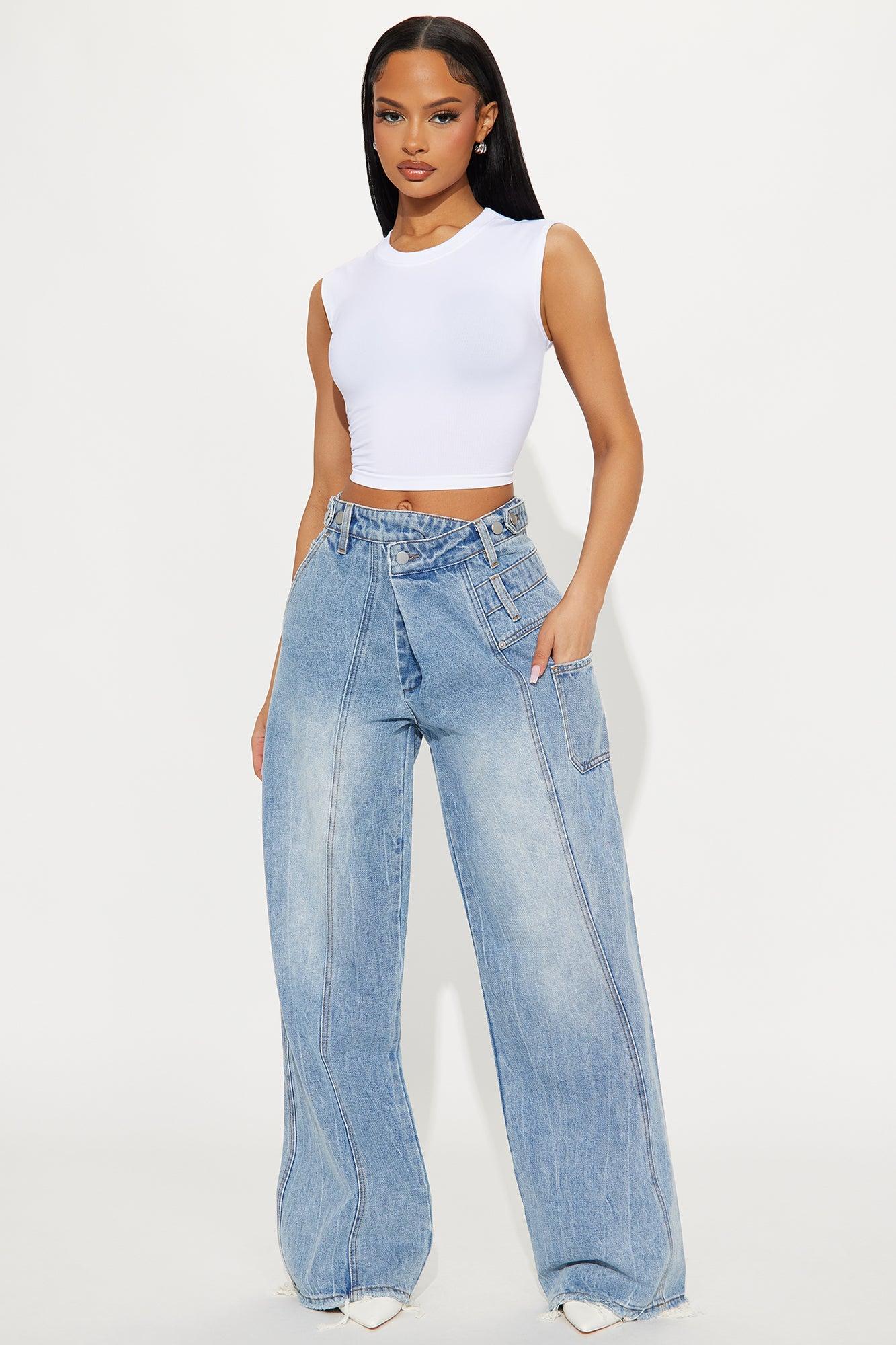 All The Best Womens Crossover Loose Wide Leg Jeans - Light Wash Product Image