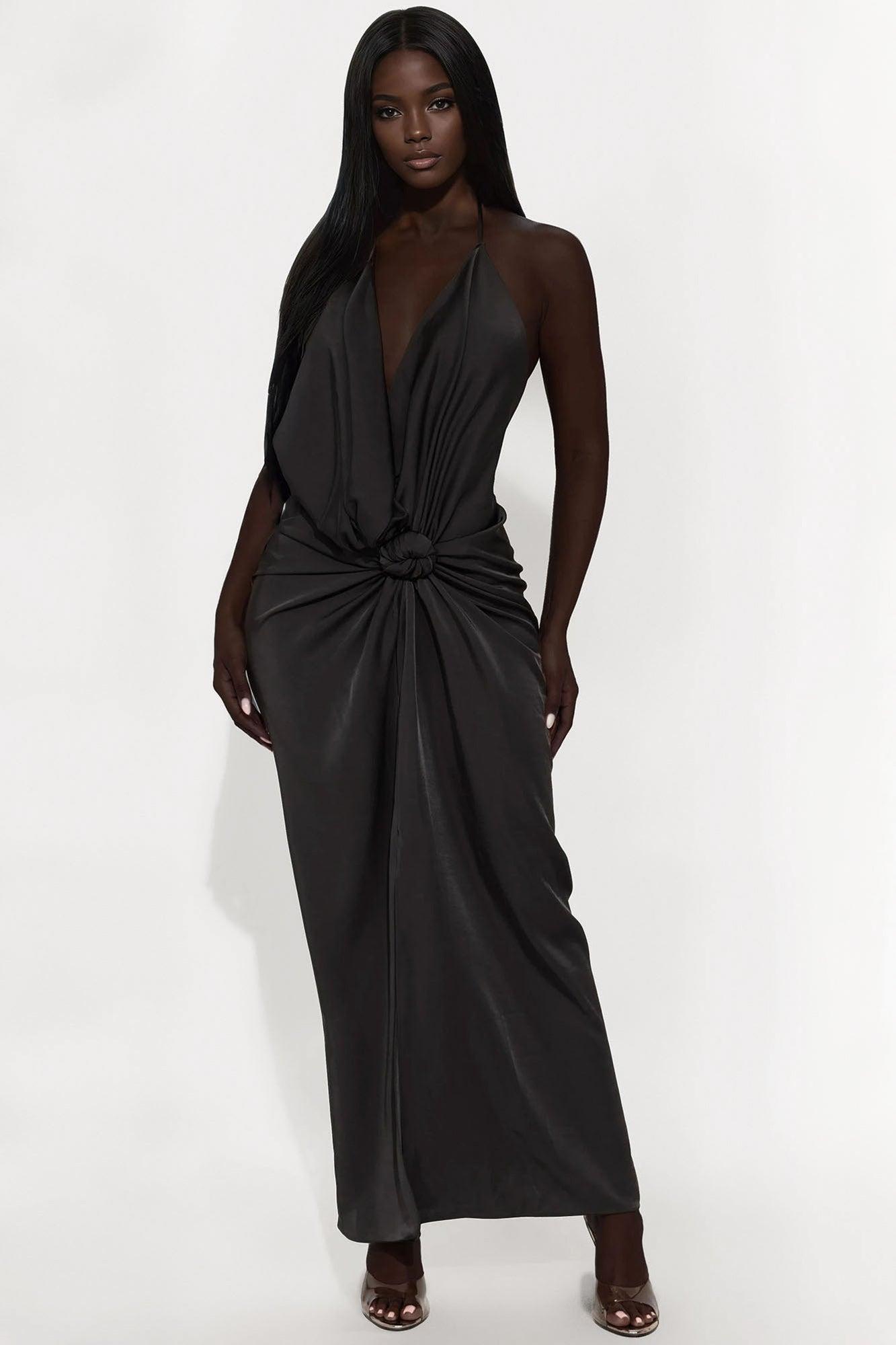 Evening Bliss Backless Satin Maxi Dress - Black Female Product Image
