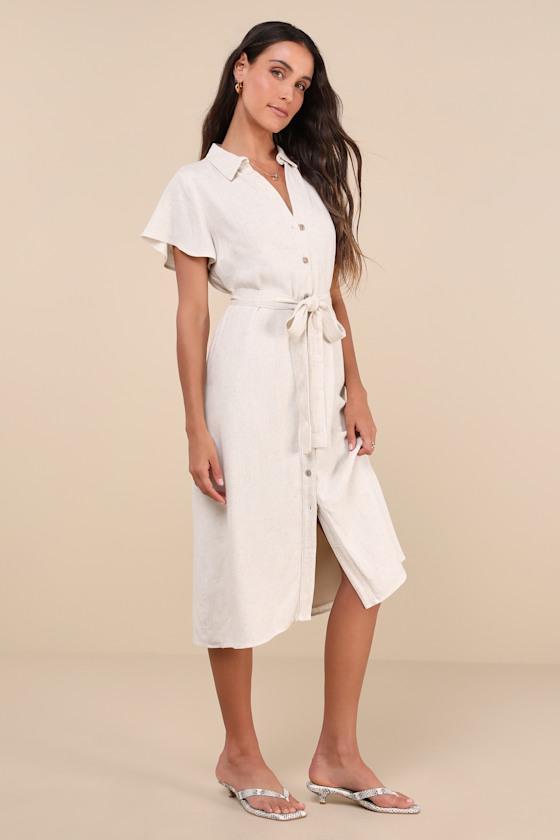 Italian Summer Beige Linen Midi Dress Product Image