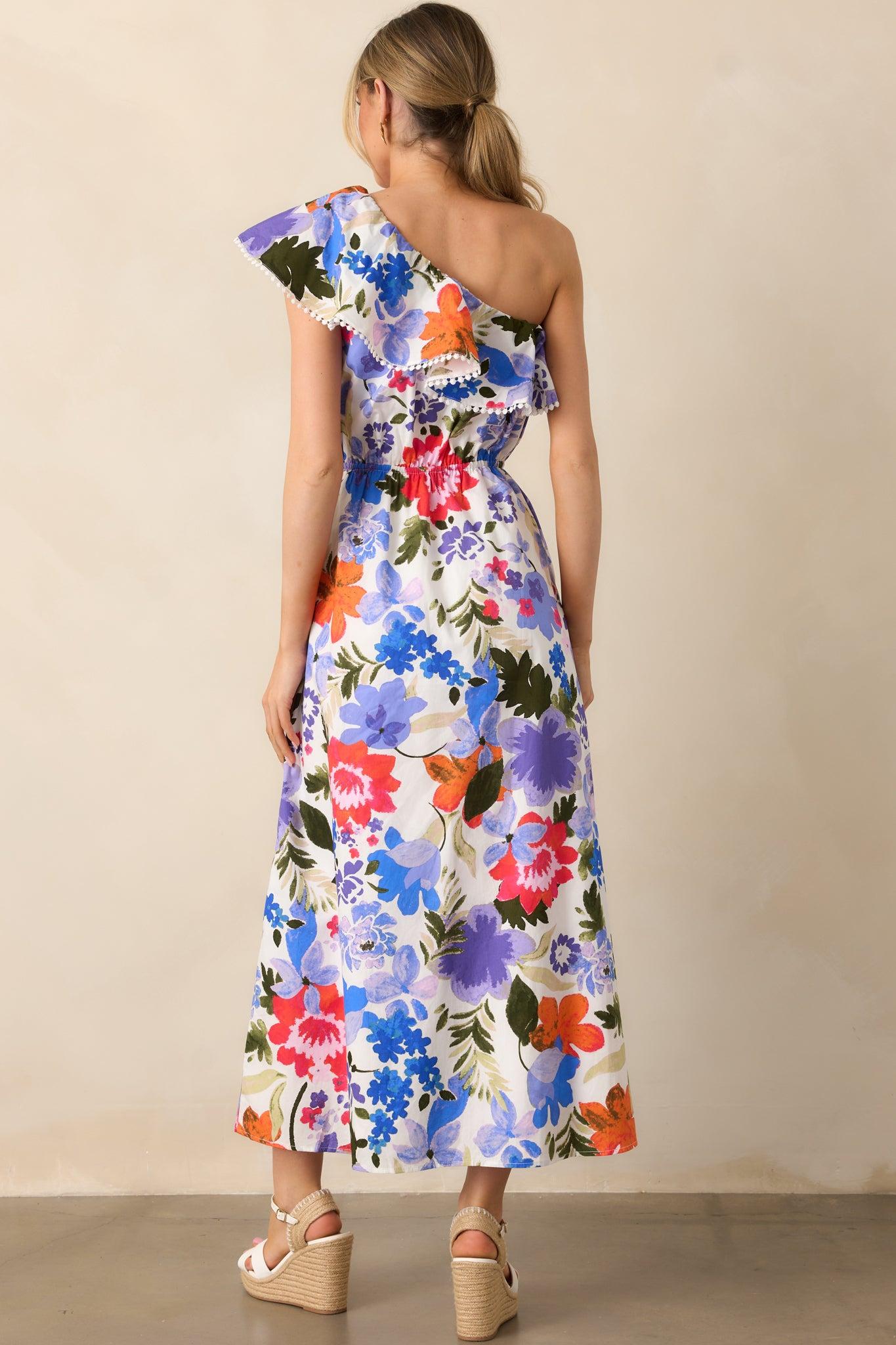 So Magnetic Blue Floral Cotton One Shoulder Maxi Dress Product Image