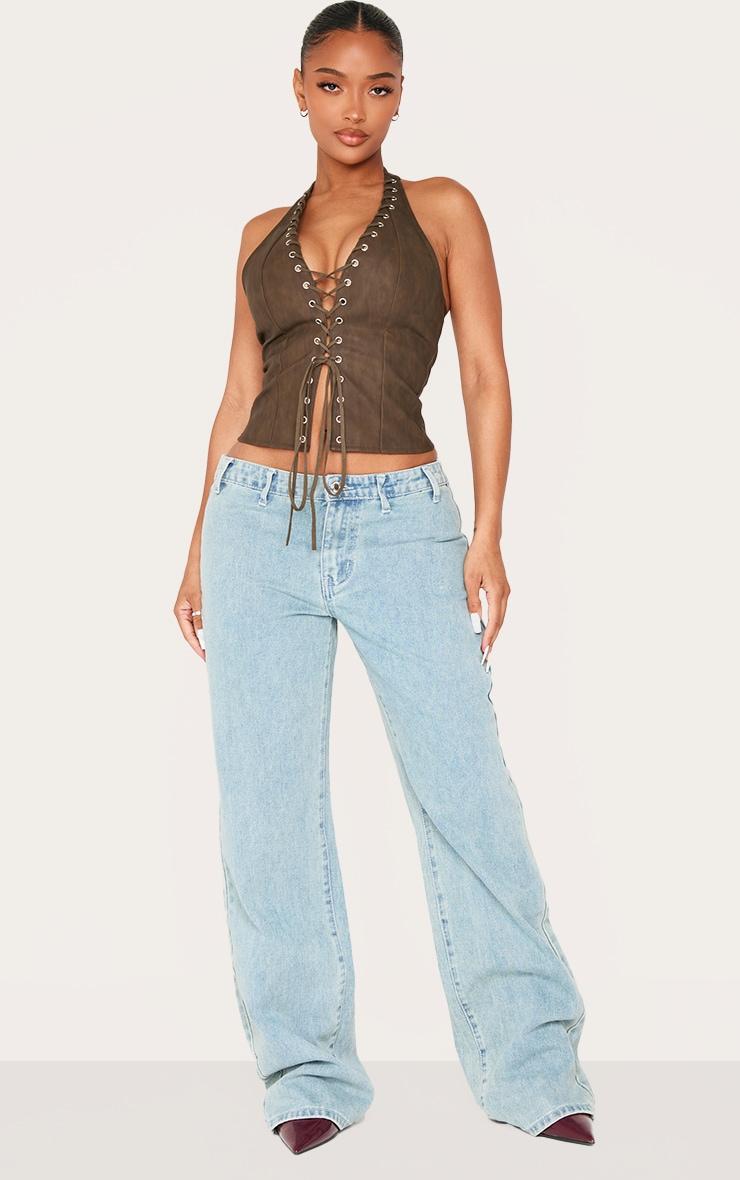 Shape Olive Washed Faux Leather Halter Neck Lace Up Corset Product Image