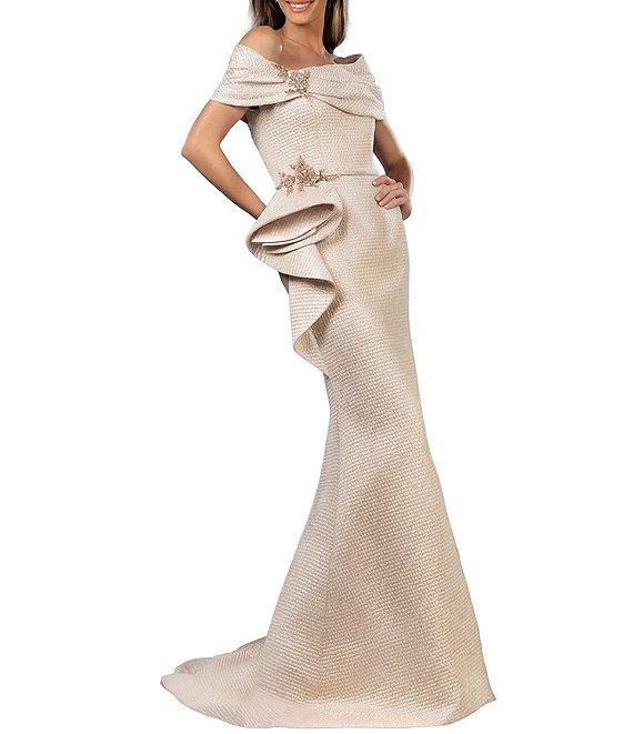 Terani Couture Off-The-Shoulder Ruffle Front Metallic Jacquard Mermaid Gown Product Image