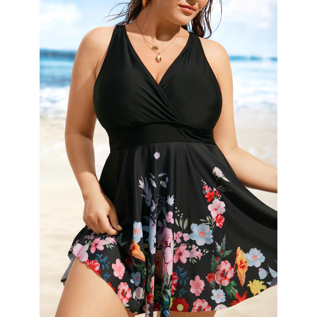 Plus Size Overlap Collar Natural Flowers Gathered Swim Dress Women's Swimwear Black Beach Bodycon Overlap Collar High stretch Curve Swim Dresses BloomChic 12/L Product Image