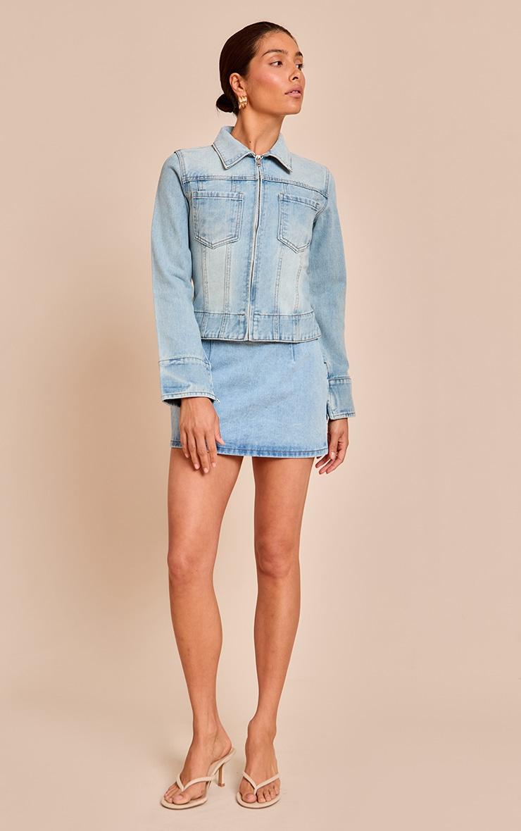 Petite Light Blue Denim Front Zip Fitted Jacket Product Image