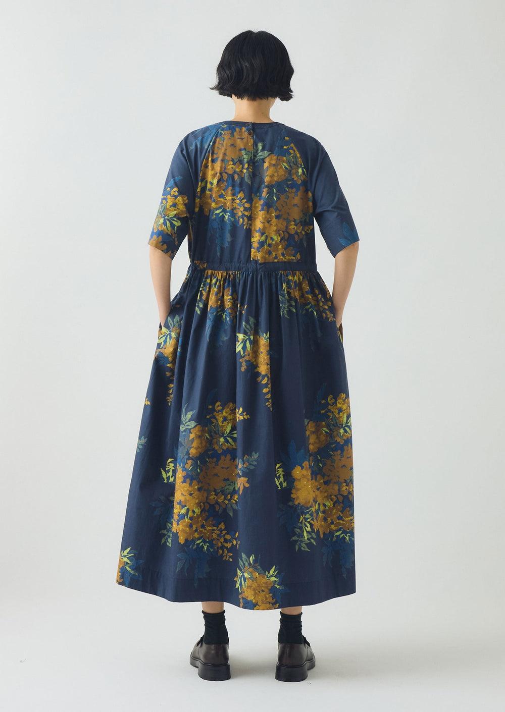 Botanical Shadow Print Cotton Dress | Shadow Blue Product Image