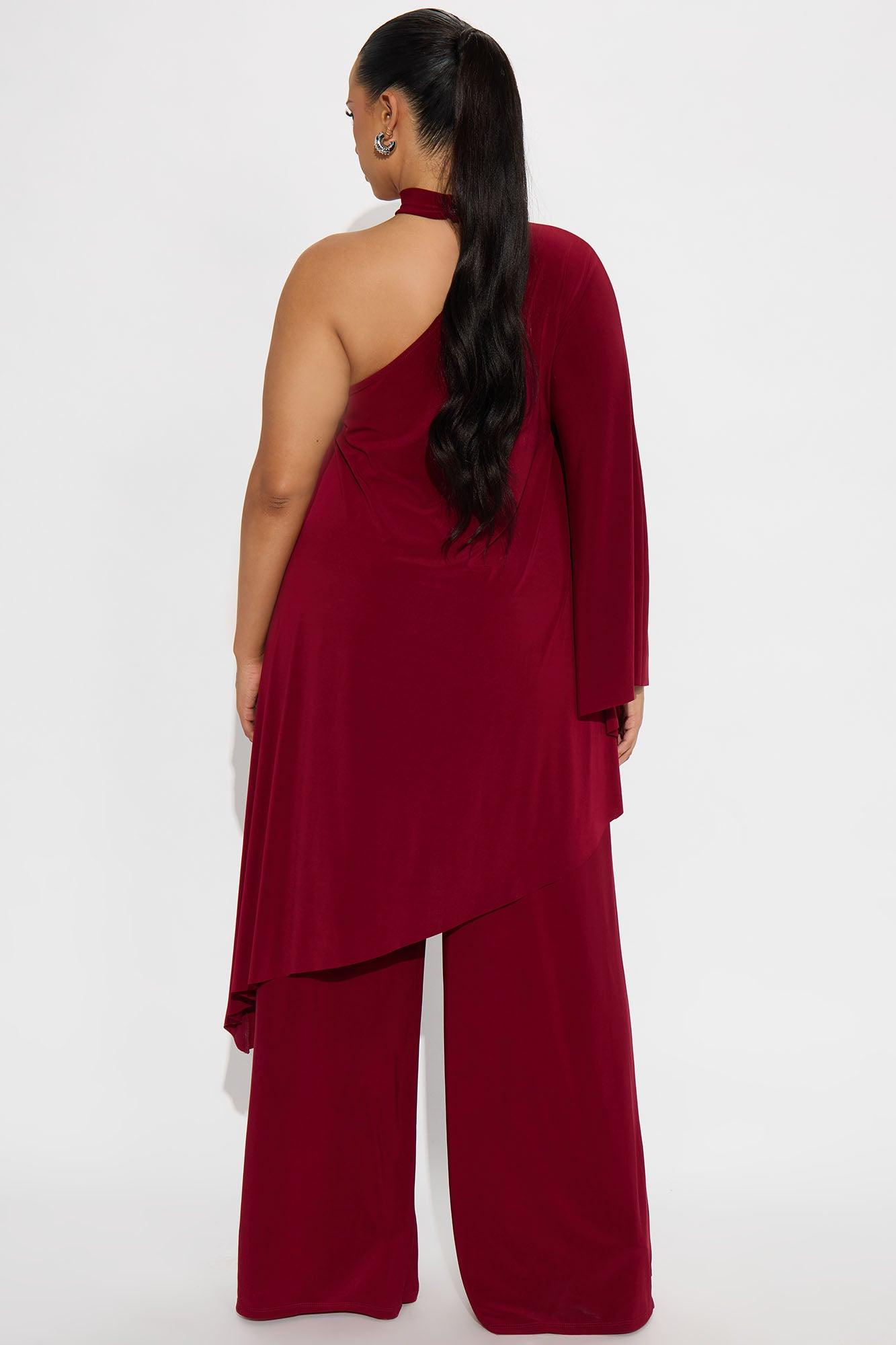 Draped Devotion One Shoulder Pant Set  - Burgundy Female Product Image