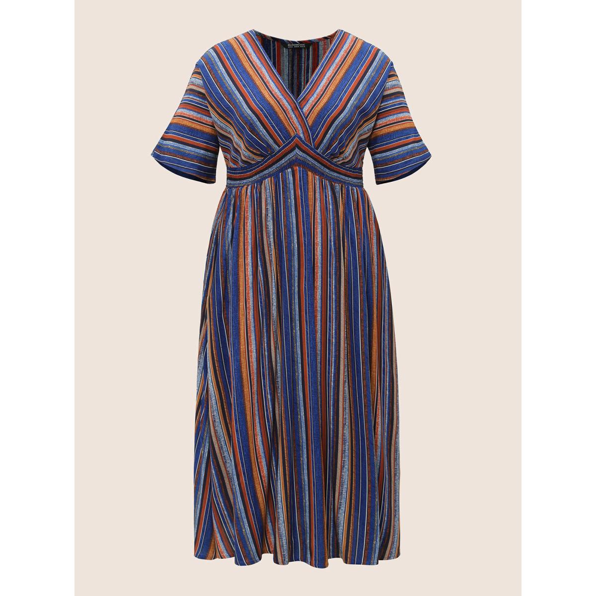 Plus Size Striped Contrast Dolman Sleeve Shirred Pocket Split Flutter Dress Blue Women Boho Non V-neck Half Sleeve Curvy BloomChic 14-16/1X Product Image