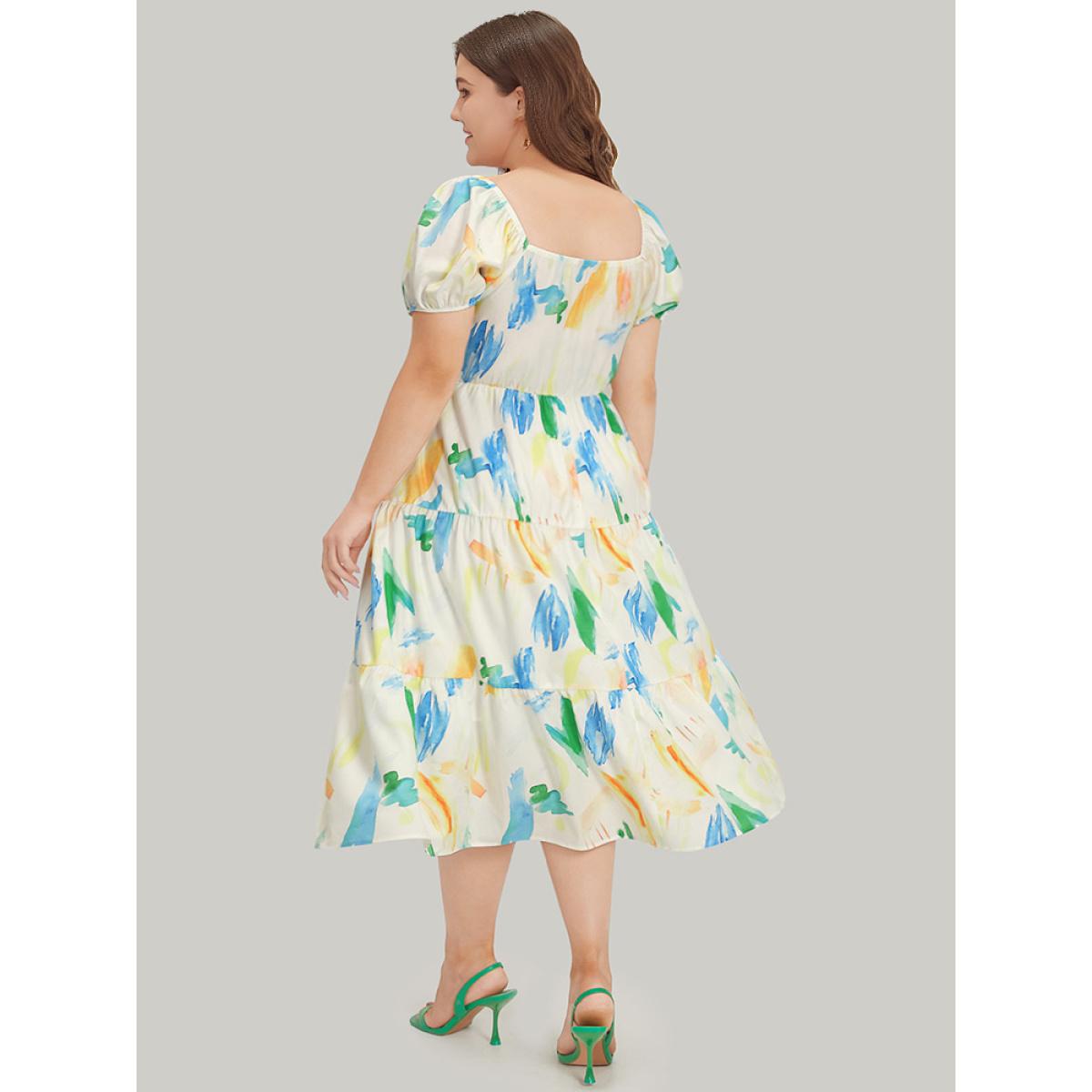 Plus Size Colour Geometric Print Square Neck Shirred Puff Sleeve Dress Multicolor Women Vacation Elastic cuffs Square Neck Short sleeve Curvy Midi Dress BloomChic 28/5X Product Image