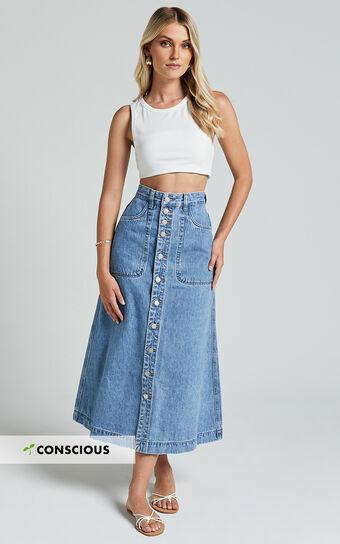 Alisa Midi Skirt - Button Through A Line Denim in Mid Blue Wash Product Image