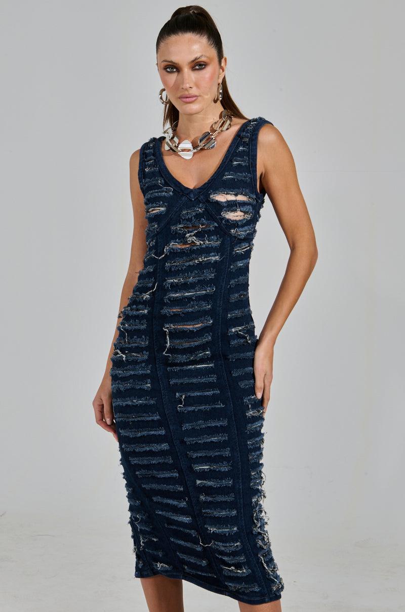 SHE'S GOT IT SHREDDED DENIM MIDI DRESS IN DARK BLUE Product Image