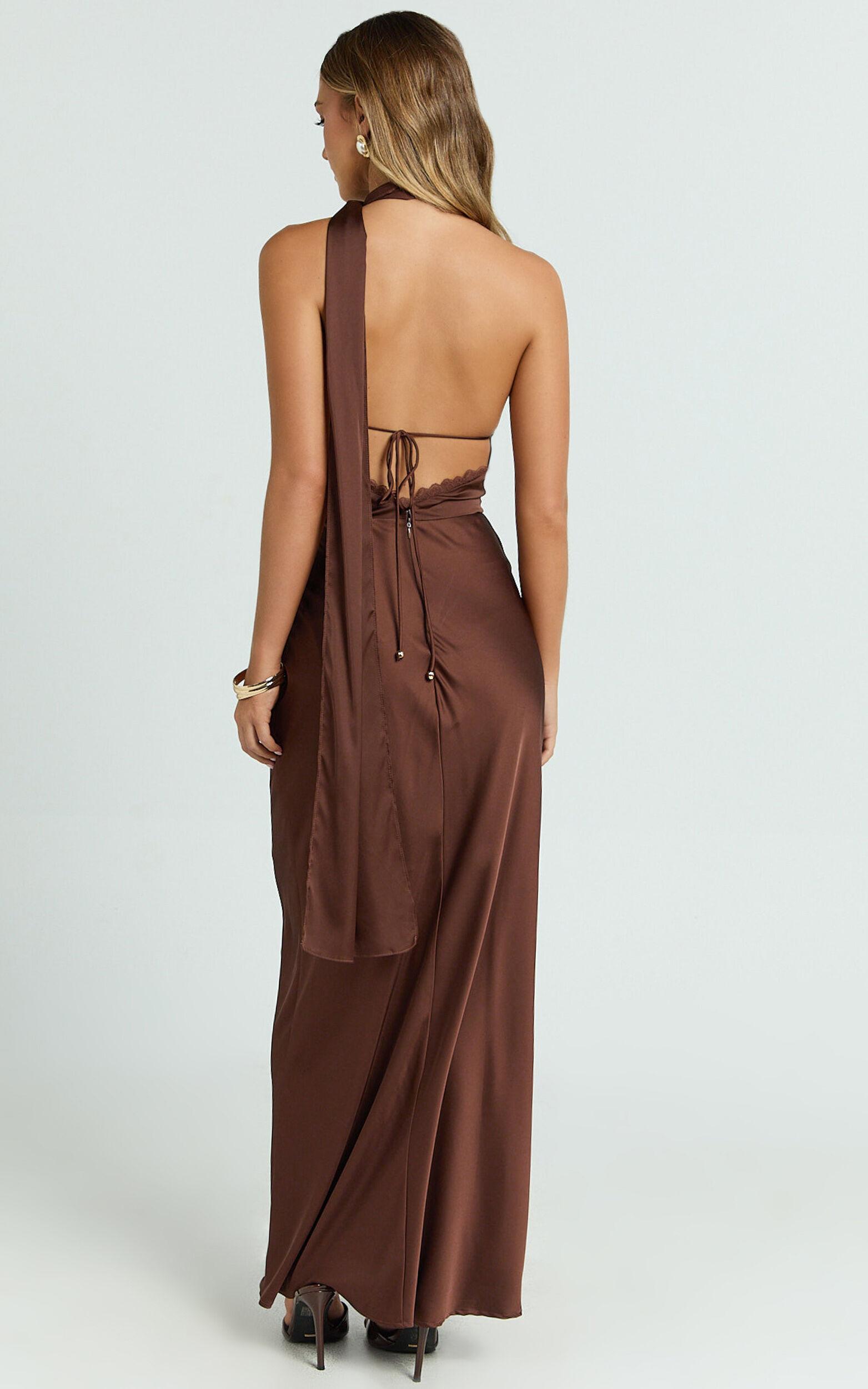 Keryn Maxi Dress - Open Back Shoulder Detailing Dress in Chocolate Product Image