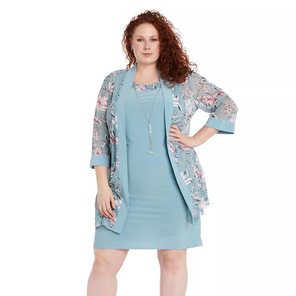 Plus Size R&M Richards 3-Piece Floral Printed Jacket with Solid Tank Dress & Detachable Necklace, Women's, Size: 16 W, Grey Product Image