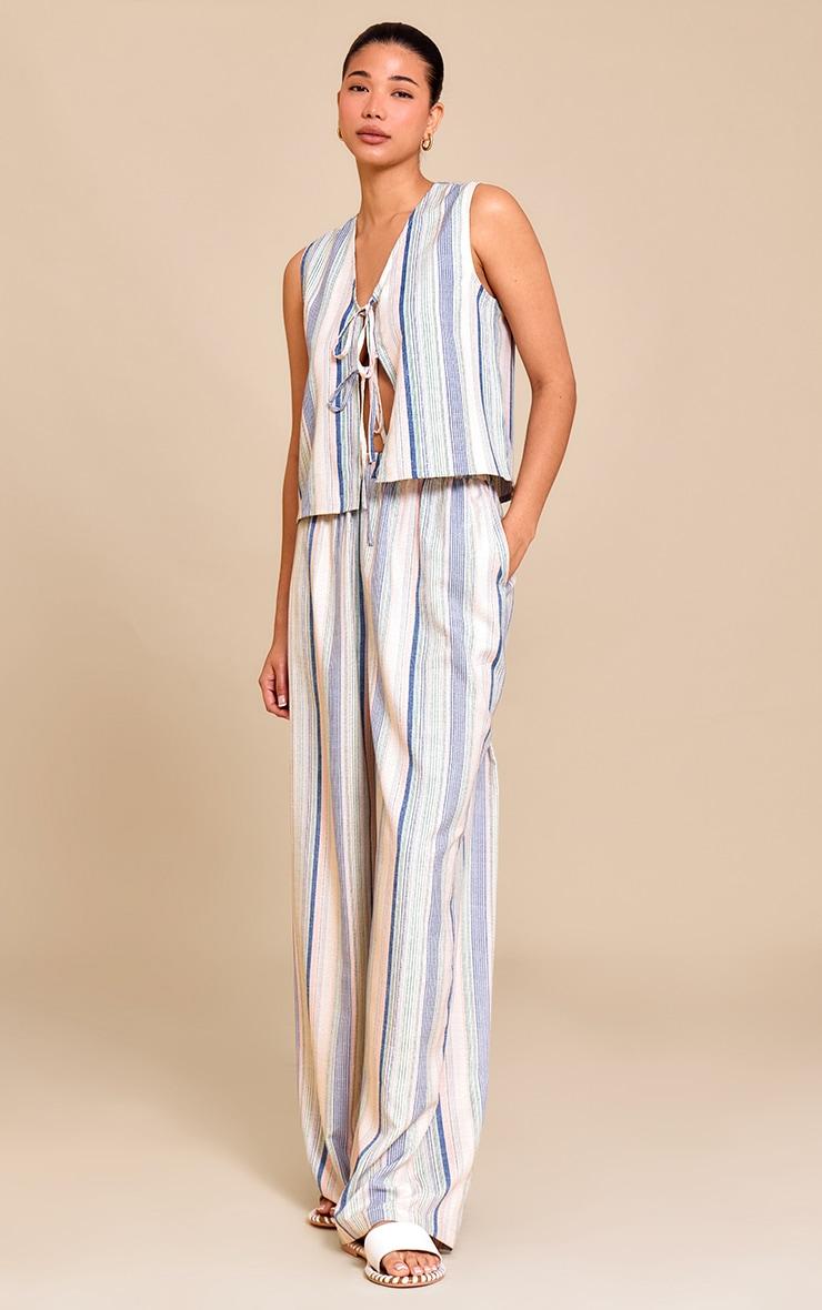 Pale Blue Linen Look Pinstripe Tie Front Vest Product Image
