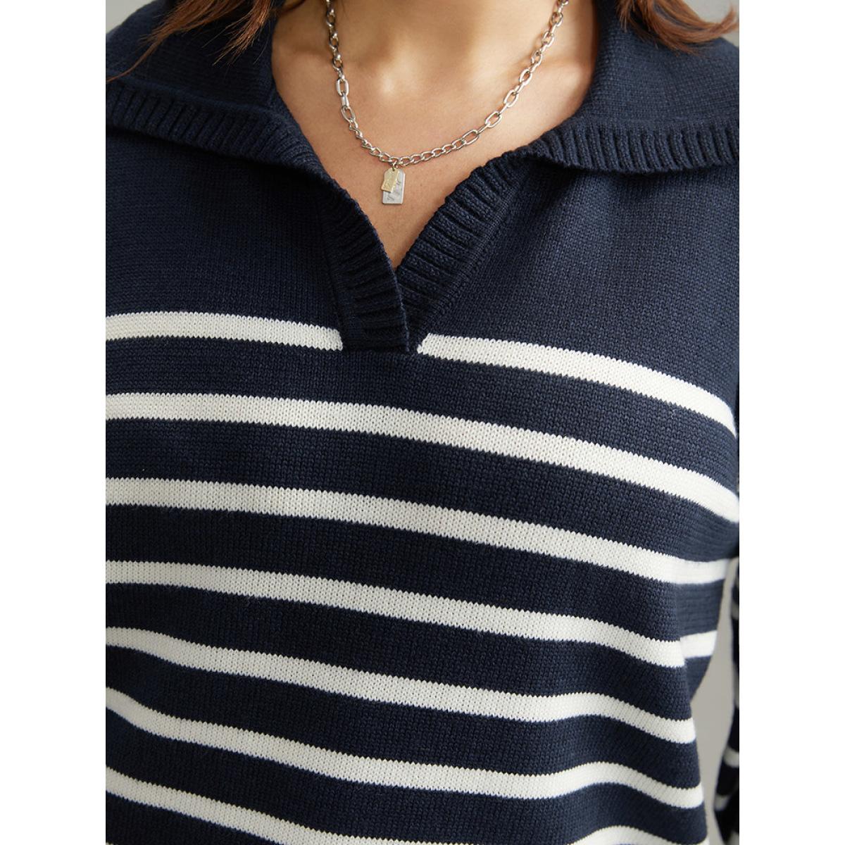 Plus Size Polo Striped Print Split Side Pullover Midnight Women Casual Loose Long Sleeve Polo Dailywear Pullovers BloomChic 12/L Product Image