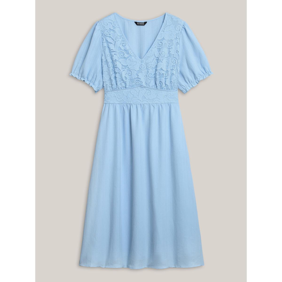 Plus Size V Neck Textured Lace Midi Dress LightBlue Women V-neck Short sleeve Curvy BloomChic 14-16/1X Product Image