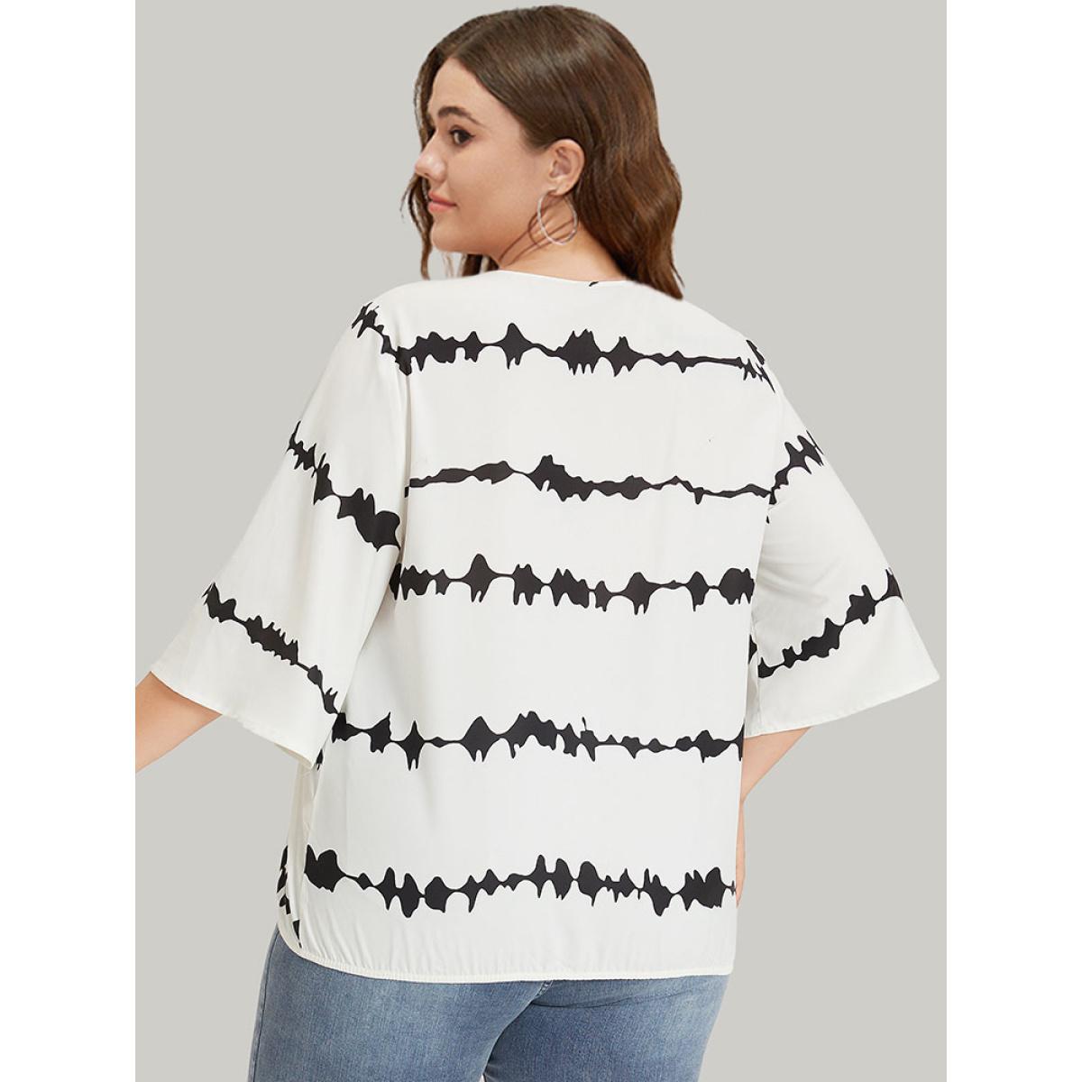 Plus Size White Striped Tie Dye V Neck Gathered Blouse Women Elegant Elbow-length sleeve V-neck Dailywear Blouses BloomChic 10/M Product Image